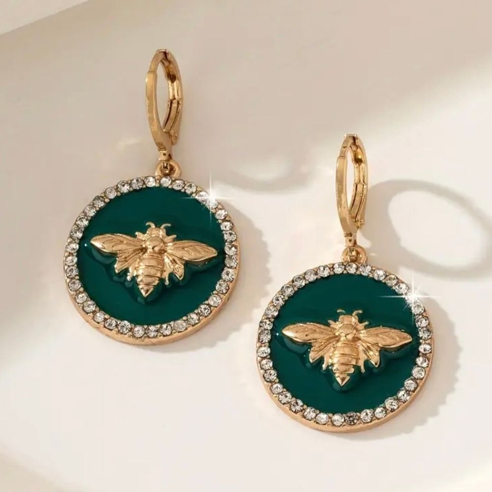 18K Gold Plated Rhinestone Round Bee Earrings